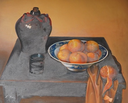 J Rees, Contemporary, Still life of a bowl of oranges on a table, oil on canvas, signed 60 x 50cm, ornate gilt frame